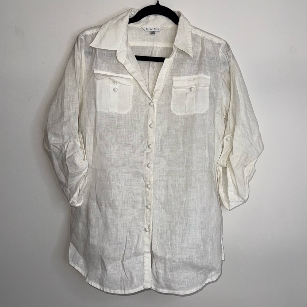 CAbi Off-White Linen Blouse Coastal Size Small